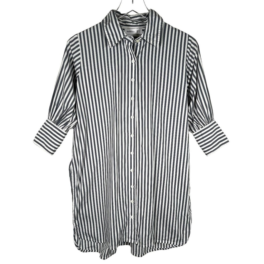 Faithfull Women's Striped Button Up Tunic Shirt US 4 Black White 100% Cotton